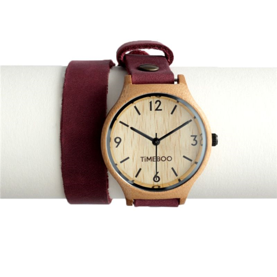 Horloge Leer - Dames - zonder cijfers - Dubbel - Aubergine | Eco-Logisch webshop